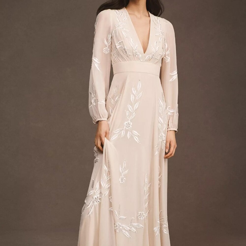 BHLDN Belize Embroidered A-Line Long-Sleeve V-Neck Gown